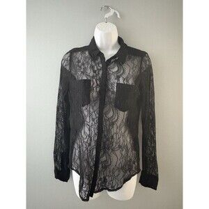 Guess Black Lace Top Size S Sheer Goth Vampire Witchy Whimsigoth Button Up